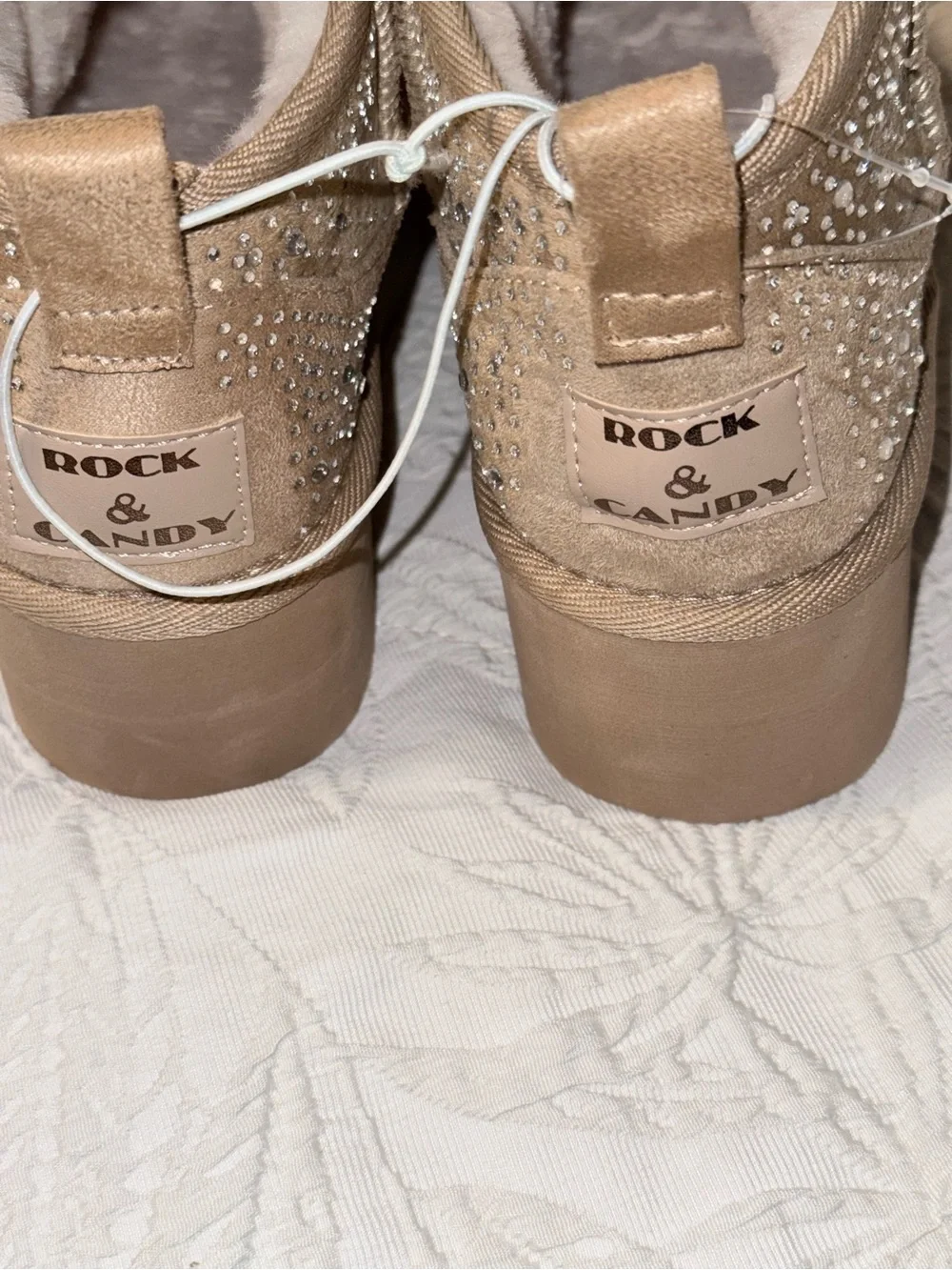 Rock & Candy Samira Tan Embellished Faux Fur Lined Platform Ankle Boots size 8